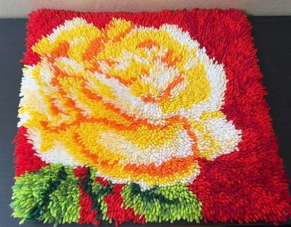 Vintage Handcrafted Latch Hook Yellow Rose Floral Pillow Cover